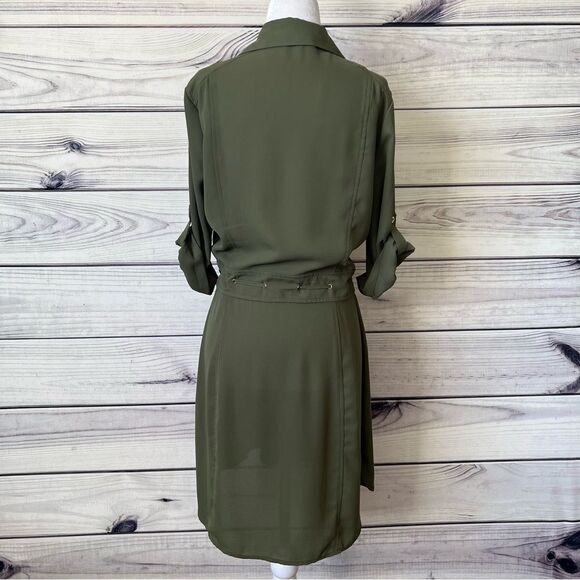 Bebe Army Green Button Down Tie Waist Shirt Dress - Picture 5 of 7